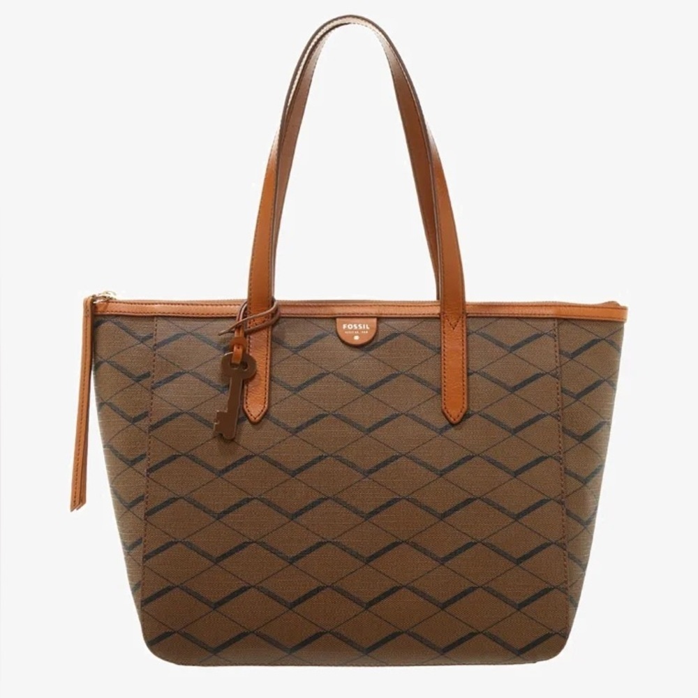Fossil Sydney leather brown black diamond geometric key tote shoulder bag